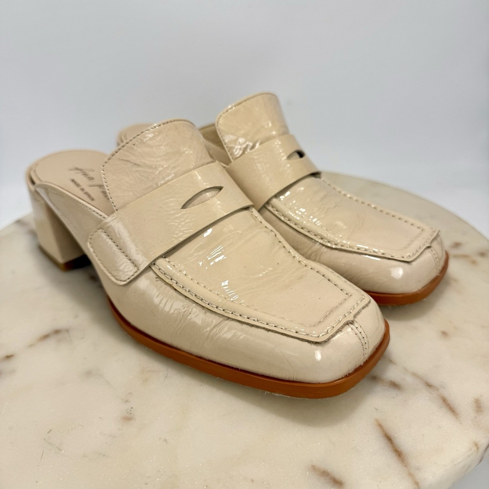 Ana Palma Cream Leather Penny Loafer Mules Chunky Heel Square Toe Women's 7